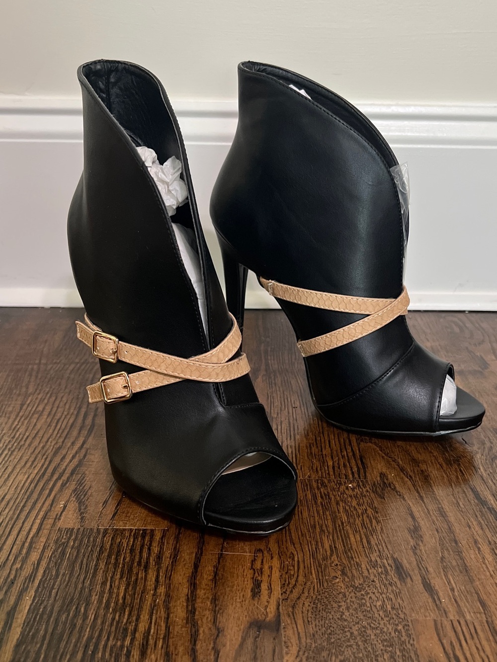 JustFab Black Peep-Toe Ankle Booties with Tan Wrap Straps
